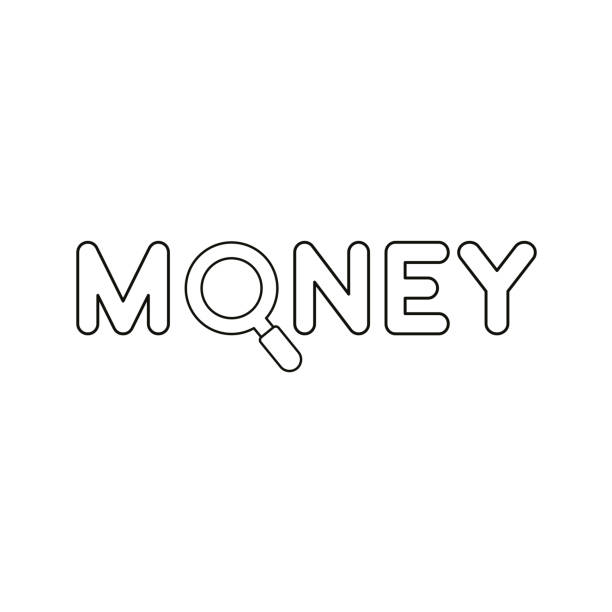Flat design style vector concept of money text with magnifying glass or magnifier icon on white. Black outlines. Flat design style vector illustration concept of money text with grey and magnifying glass or magnifier symbol icon on white background. Black outlines. currency chasing discovery making money stock illustrations