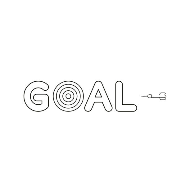 ilustrações de stock, clip art, desenhos animados e ícones de flat design style vector concept of goal text with bulls eye and dart icon on white. black outlines. - target aspirations bulls eye dart