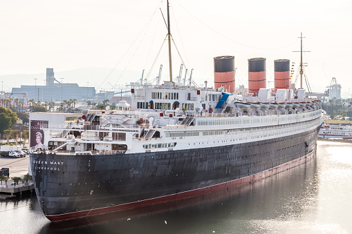 Long Beach, California, USA - May 30, 2015: Queen Mary docked in The Port of Long Beach