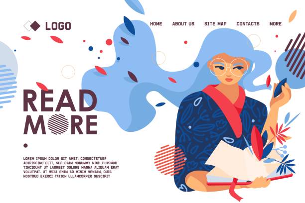 ilustrações de stock, clip art, desenhos animados e ícones de educative banner with girl love to read. modern concept landing page for library and book store web page. vector scene with greenery decoration. - book open vector page