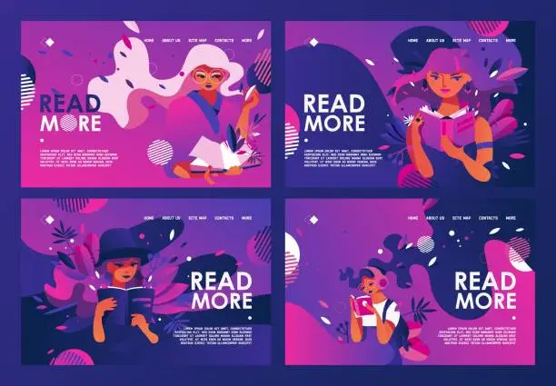 Vector illustration of Educative banners set or landing page templates good for library or reading book clubs, fan club of traditional reading, discussion groups in vivid purple and pink colors. Flat characters on dark.