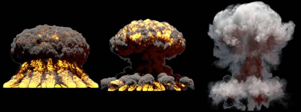 istock 3D illustration of explosion - 3 huge different phases fire mushroom cloud explosion of nuke bomb with smoke and flame isolated on black background 1160393955