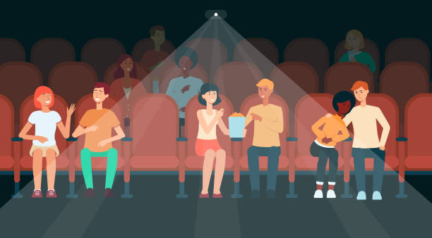 People sitting in cinema hall cartoon style People sitting in cinema hall cartoon style, vector illustration. Couples and men and women audience watching movie in dark spectator hall friends laughing stock illustrations