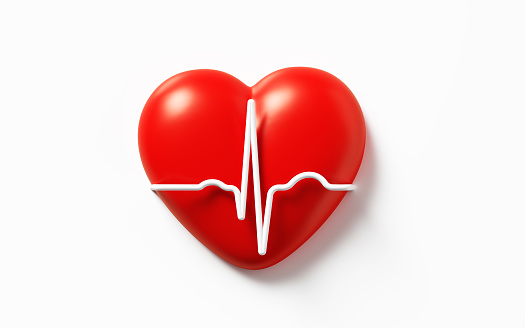 White EKG line over red heart on white background. Horizontal composition with copy space.