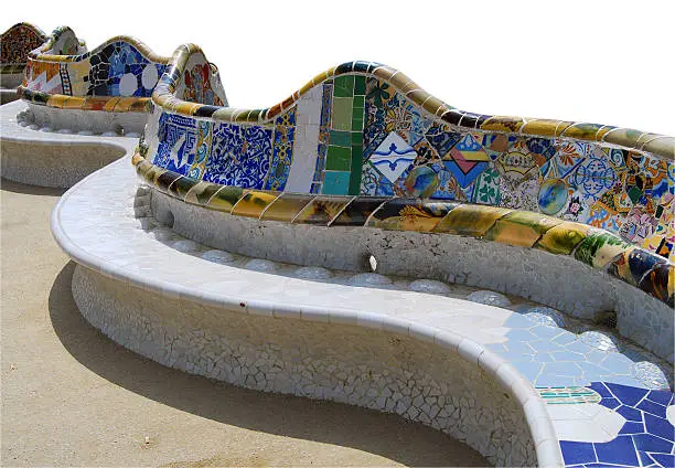 Antoni Gaudí mosaic work on the main terrace at Park Güell (1914)- Barcelona - Spain.
