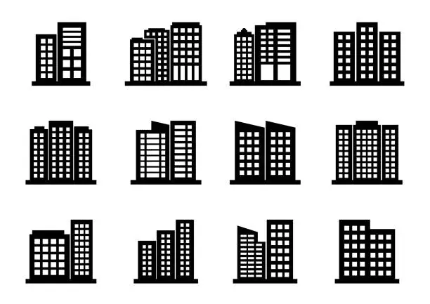 Vector illustration of Company icons set on white background, Black building vector collection, Isolated business illustration