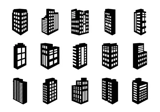 Vector illustration of Perspective icons company set on white background, Black building office vector collection