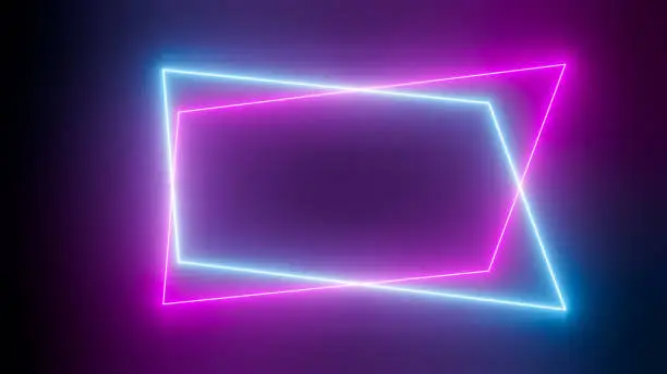 Photo of Neon futuristic frame isolated on black background, laser led illustration. Glowing geometric shape in pink and blue colors, minimalist party flyer template with space for text.