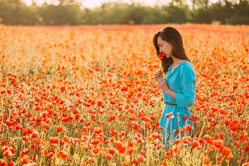 Dreamy romantic beautiful young woman smelling a red poppy in flower meadow in summer.