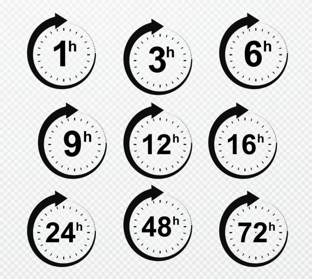 ilustraciones, imágenes clip art, dibujos animados e iconos de stock de flecha de reloj 1, 3, 6, 9, 12, 16, 24, 48, 72 horas. conjunto de iconos de tiempo de servicio de entrega. - clock face store time sign