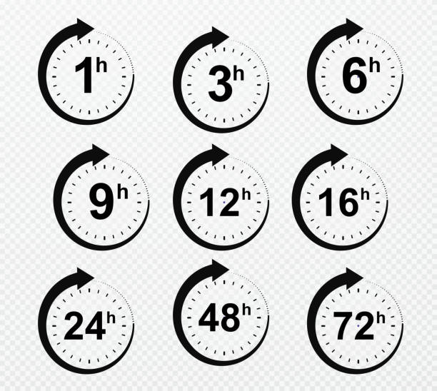 стрелка часов 1, 3, 6, 9, 12, 16, 24, 48, 72 часа. набор иконок времени службы доставки. - number 48 stock illustrations