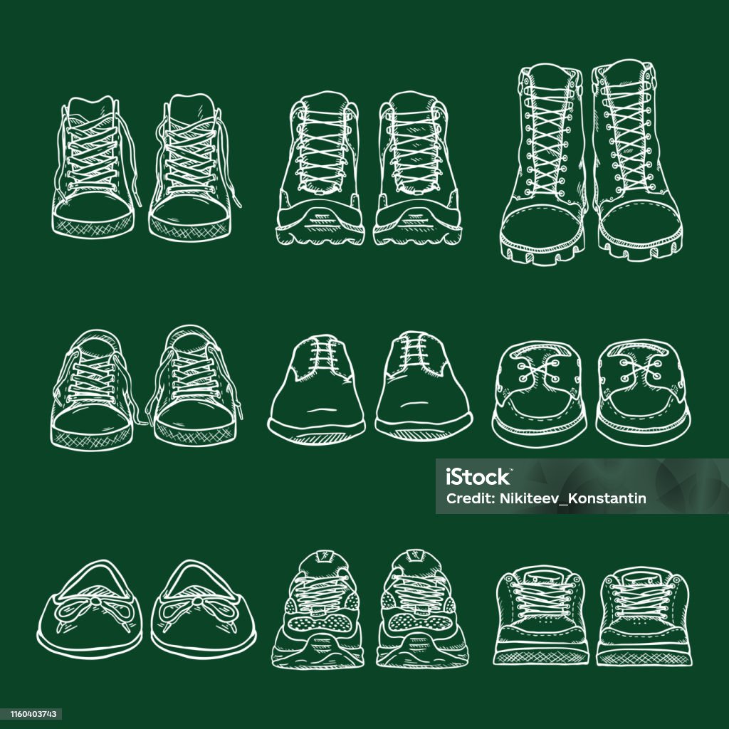 Vector Set Of Chalk Sketch Shoes Items Front View Stock Illustration -  Download Image Now - iStock