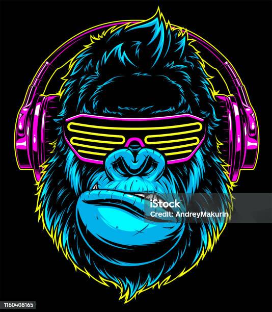Gorilla Med Hörlurar-vektorgrafik och fler bilder på DJ - DJ, Gorilla, Logotyp