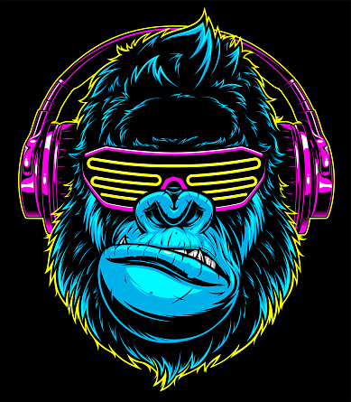 Vector illustration. funny gorilla listening to music on headphones, stylish DJ.