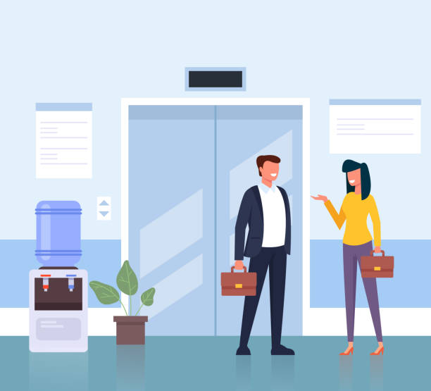 Business people man and woman character waiting elevator in business center hall company. Business life concept. Vector flat cartoon graphic design illustration Business people man and woman character waiting elevator in business center hall company. Business life concept. Vector flat cartoon graphic design lobby office stock illustrations
