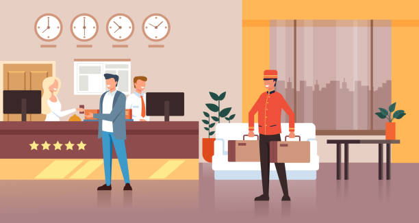 Porter man character carry guest bags. Hotel reception concept. Vector flat graphic design isolated illustration icon Porter man character carry guest bags. Hotel reception concept. Vector flat graphic design isolated illustration hotel illustrations stock illustrations