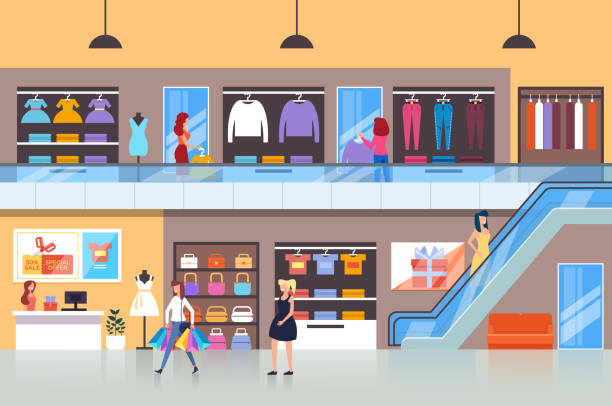 ilustrações de stock, clip art, desenhos animados e ícones de people characters consumers making purchases in shopping mall. vector flat cartoon graphic design isolated illustration - boutique fashion indoors shopping