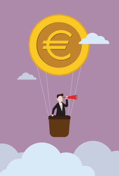 бизнесмен на воздушном шаре монеты евро - spy balloon stock illustrations