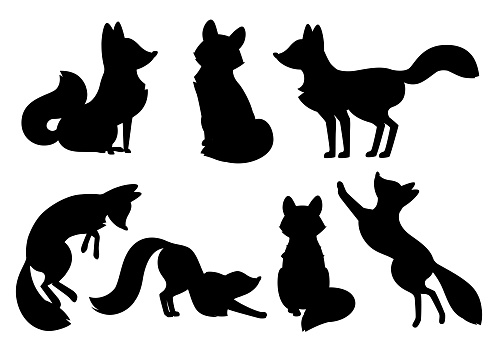 Black silhouette. Cute cartoon fox set. Funny red fox collection. Emotion little animal. Cartoon animal character design. Flat vector illustration isolated on white background.