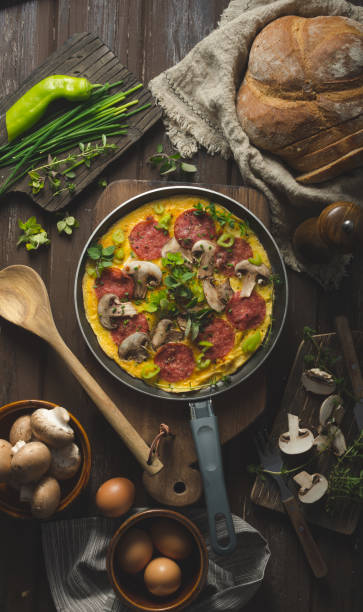 istock Homemade delish egg omelette with salami 1160418028