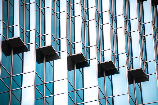 Close-up of abstract reflections of high-rise windows