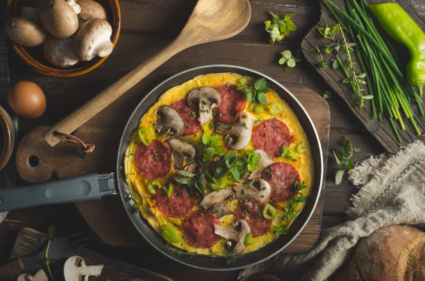 istock Homemade delish egg omelette with salami 1160418182