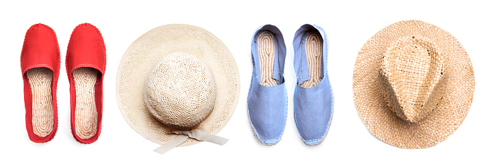 Blue and red linen shoes and straw hats in retro style