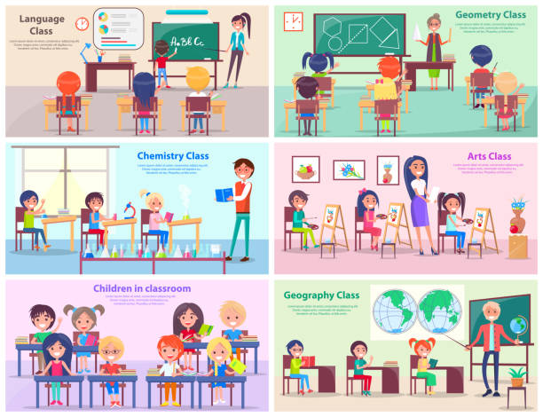 Children in Classrooms Study Subjects with Teacher Kids study language, draw at geometry, do experiments at chemistry, paint in arts class and explore world with geography teacher vector illustrations. kids classroomv stock illustrations