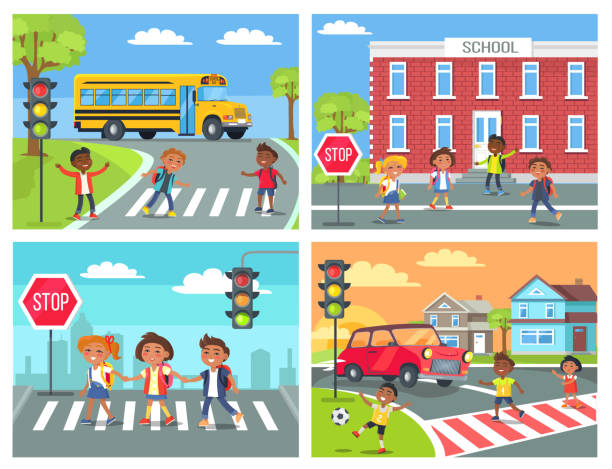 ilustrações, clipart, desenhos animados e ícones de os schoolchildren cruzam a estrada no cruzamento de pedestre - soccer sign ball speed
