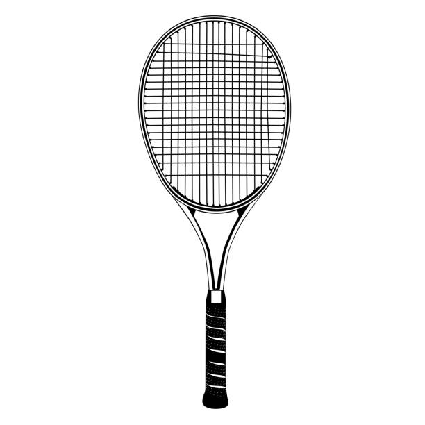 illustrazioni stock, clip art, cartoni animati e icone di tendenza di racchetta da tennis silhouette nera, illustrazione isolata vettoriale - tennis silhouette tennis racket tennis ball