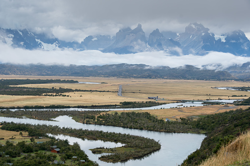 The Serrano river valley with the Torres in background.