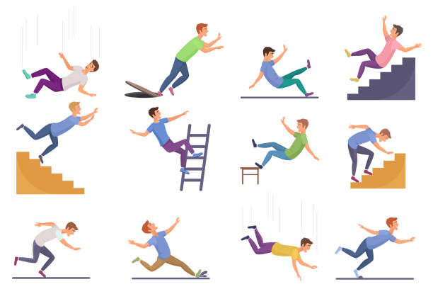Set of falling man isolated. Falling from chair accident, falling down stairs, slipping, stumbling falling man vector illustration. Set of falling man isolated. Falling from chair accident, falling down stairs, slipping, stumbling falling man vector illustration flooring illustrations stock illustrations