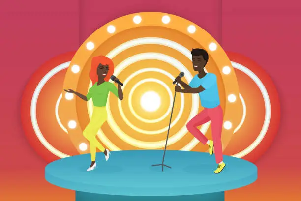 Vector illustration of Black African American young smiling singer couple dancing and performing on the bright stage. Colourful vector illustrarion.