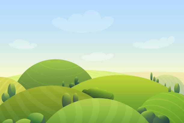 ilustrações de stock, clip art, desenhos animados e ícones de cloudy blue sky over green hills and green trees in meadow cartoon cute vector illustration landscape. - national grassland