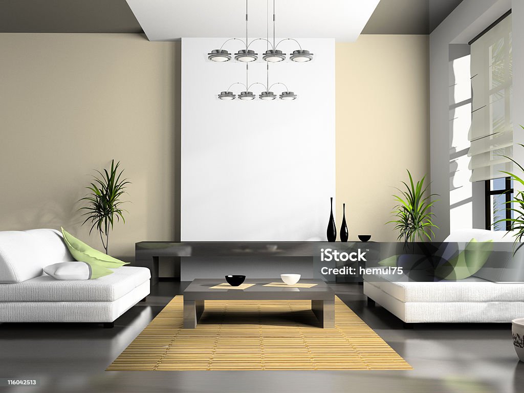 Home interior 3D rendering Home interior 3D rendering. You can hang image you want on wall over the fireplace Roman Blind Stock Photo