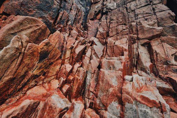 Rugged Cliff rocks at Pedn Vounder Beach, south Cornwall on a June day.