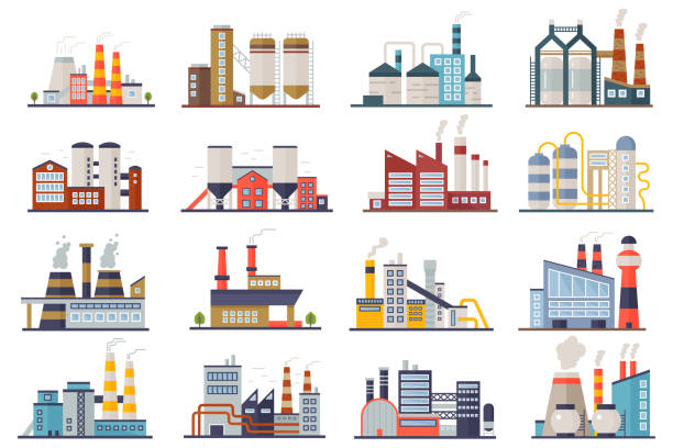 Factory industry manufactory power electricity buildings flat icons set isolated. Urban factory plant landscape vector illustration. Factory industry manufactory power electricity buildings flat icons set isolated. Urban factory plant landscape vector illustration industry illustrations stock illustrations
