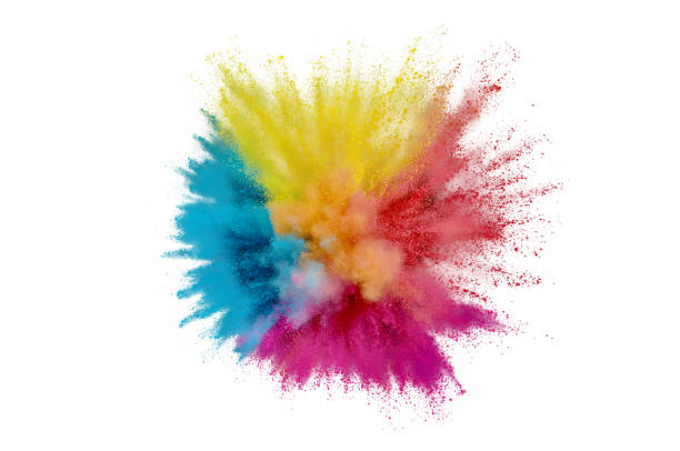 Colored powder explosion on a white background. Abstract closeup dust on backdrop. Colorful explode. Paint holi