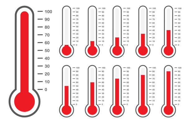 thermometer simple Vector illustration of thermometers from empty to full and different percents celsius stock illustrations