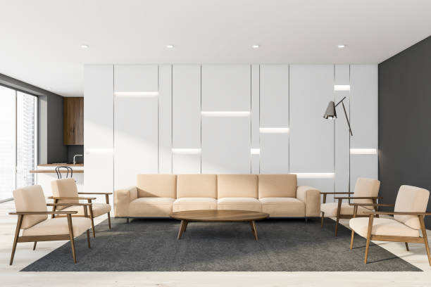 istock White living room with kitchen and armchairs 1160429040