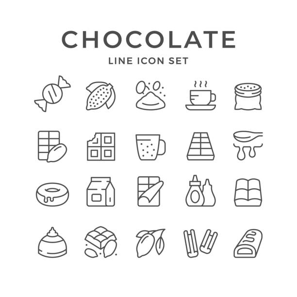 ilustraciones, imágenes clip art, dibujos animados e iconos de stock de establecer iconos de línea de chocolate y cacao - chocolate