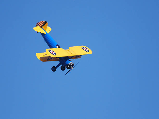 istock WWII biplane Stearman PT17 Kaydet flying in clear blue sky 116043154
