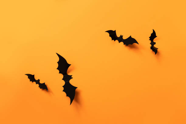 istock Halloween banner with black bats on an orange background, top view 1160435389