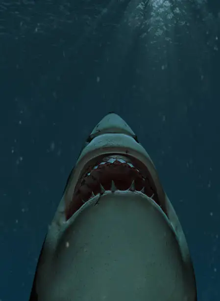 Photo of Shark swimming towards the surface with mouth open