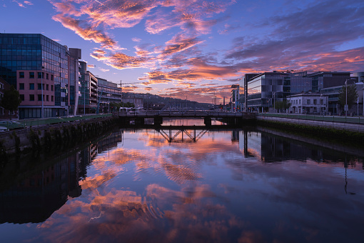A View of the River Lee in Cork City, Ireland at Sunrise.