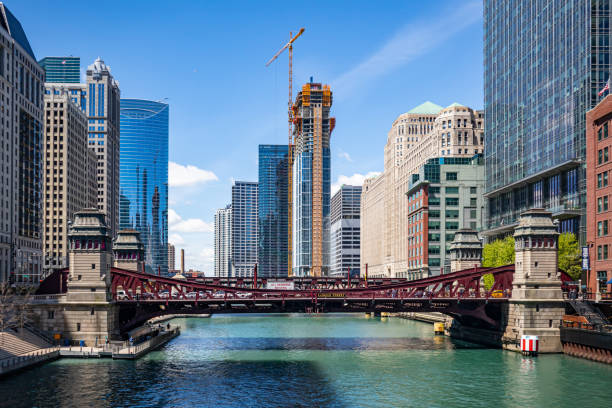 USA, Chicago, Illinois. May 10, 2019. La Salle street bridge, Chicago city high rise buildings, spring day, blue sky background
