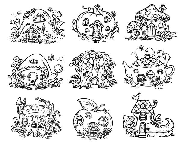 ilustrações de stock, clip art, desenhos animados e ícones de cute cartoon elven, fairy or gnome houses in the form of pumpkin, tree, teapot, boot, apple, mushroom, stump - cartoon mushroom fairy fairy tale