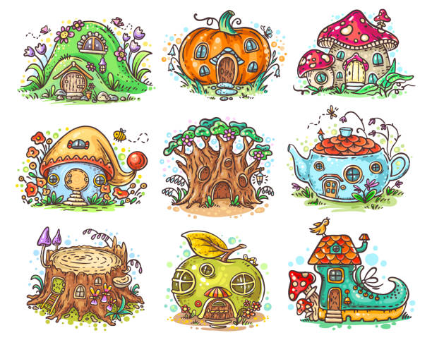 ilustrações de stock, clip art, desenhos animados e ícones de cute cartoon elven, fairy or gnome houses in the form of pumpkin, tree, teapot, boot, apple, mushroom, stump - cartoon mushroom fairy fairy tale