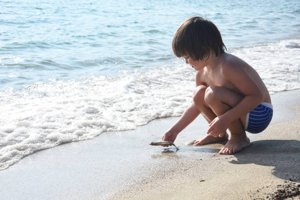 istock Boy play with a little fish on the beach 1160442231