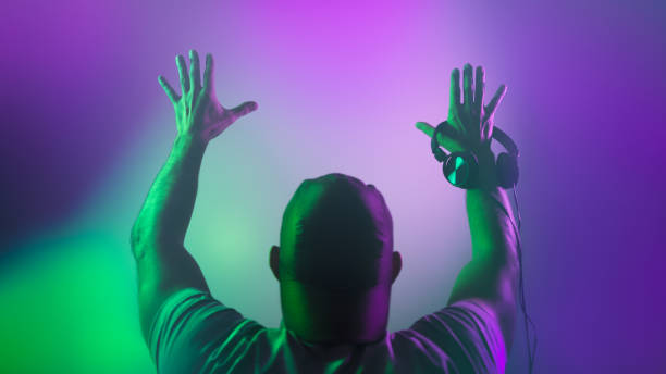 DJ raised his hands up. Back view. DJ raised his hands up. Back view dance  electronic music photos stock pictures, royalty-free photos & images